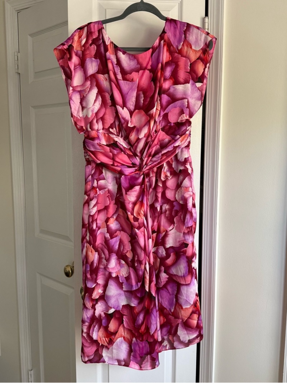 Badgley Mischka Pink Purple Floral Petal Print Midi Dress Twist Front - Size 12